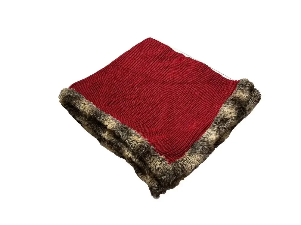 Red Cable Knit Throw Blanket w/ Faux Fur Trim Heavy Accent Quilt Luxury Bedding